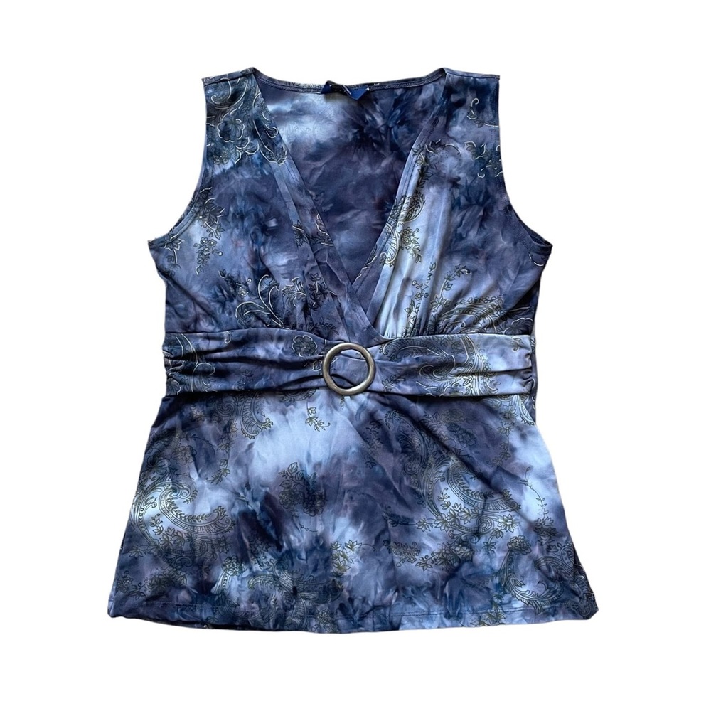 Vintage 90s Y2K 2000s Blue Paisley Print V Neck Sleeveless Top Large